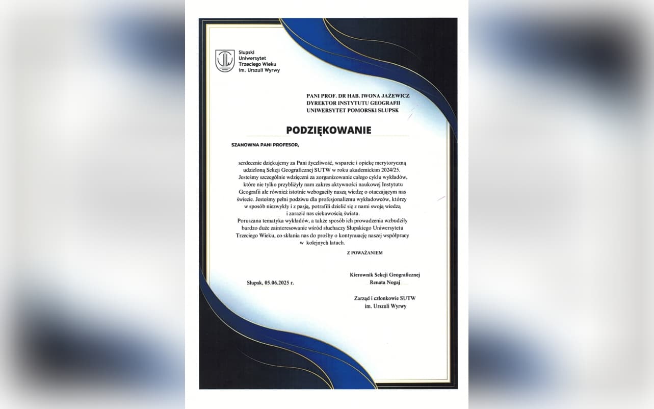 Podziękowania od Słupskiego Uniwersytetu Trzeciego Wieku im. Urszuli Wyrwy