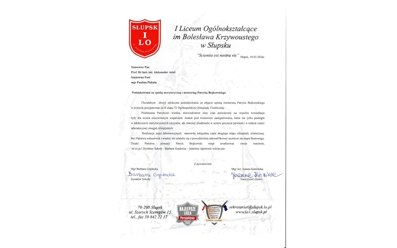 Podziękowania dla pracowników naszego Instytutu