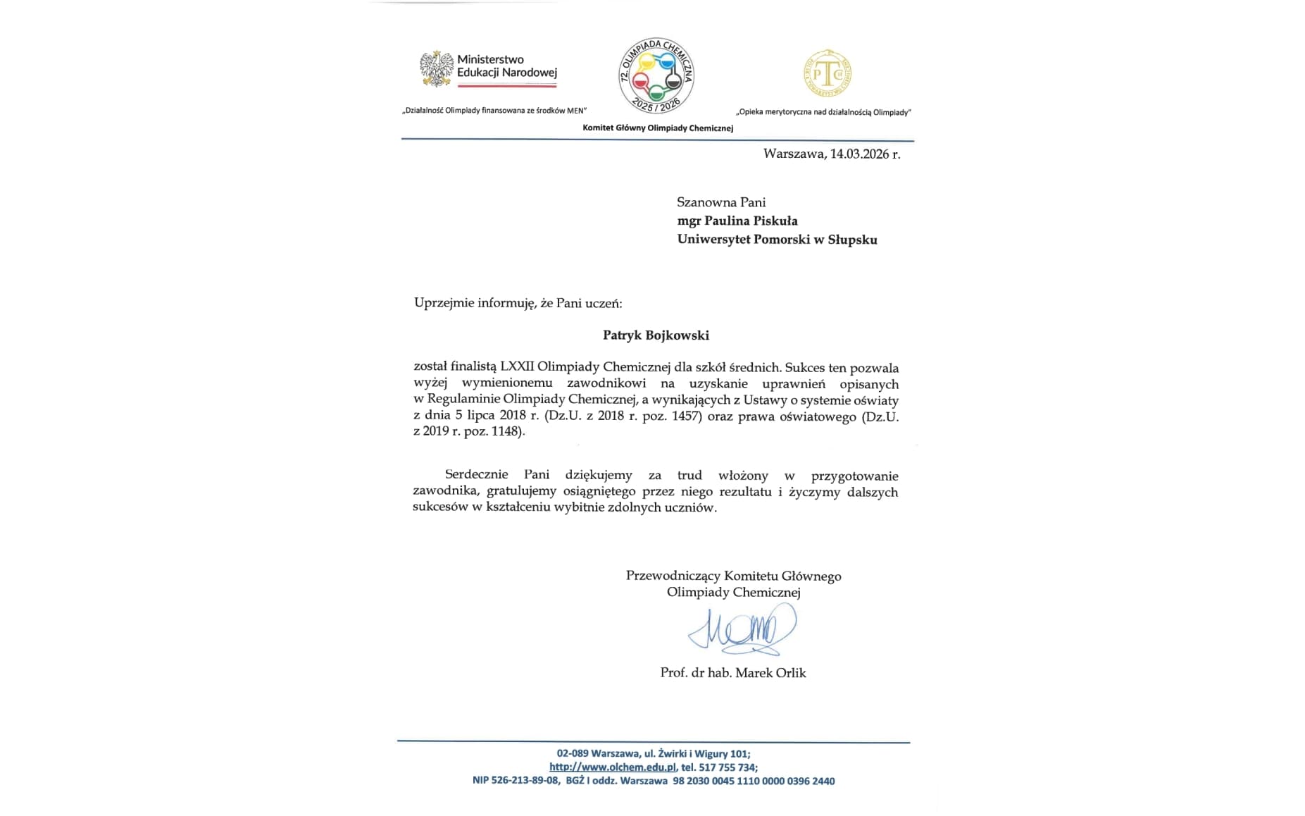 List gratulacyjny od Przewodniczącego Komitetu Głównego Olimpiady Chemicznej